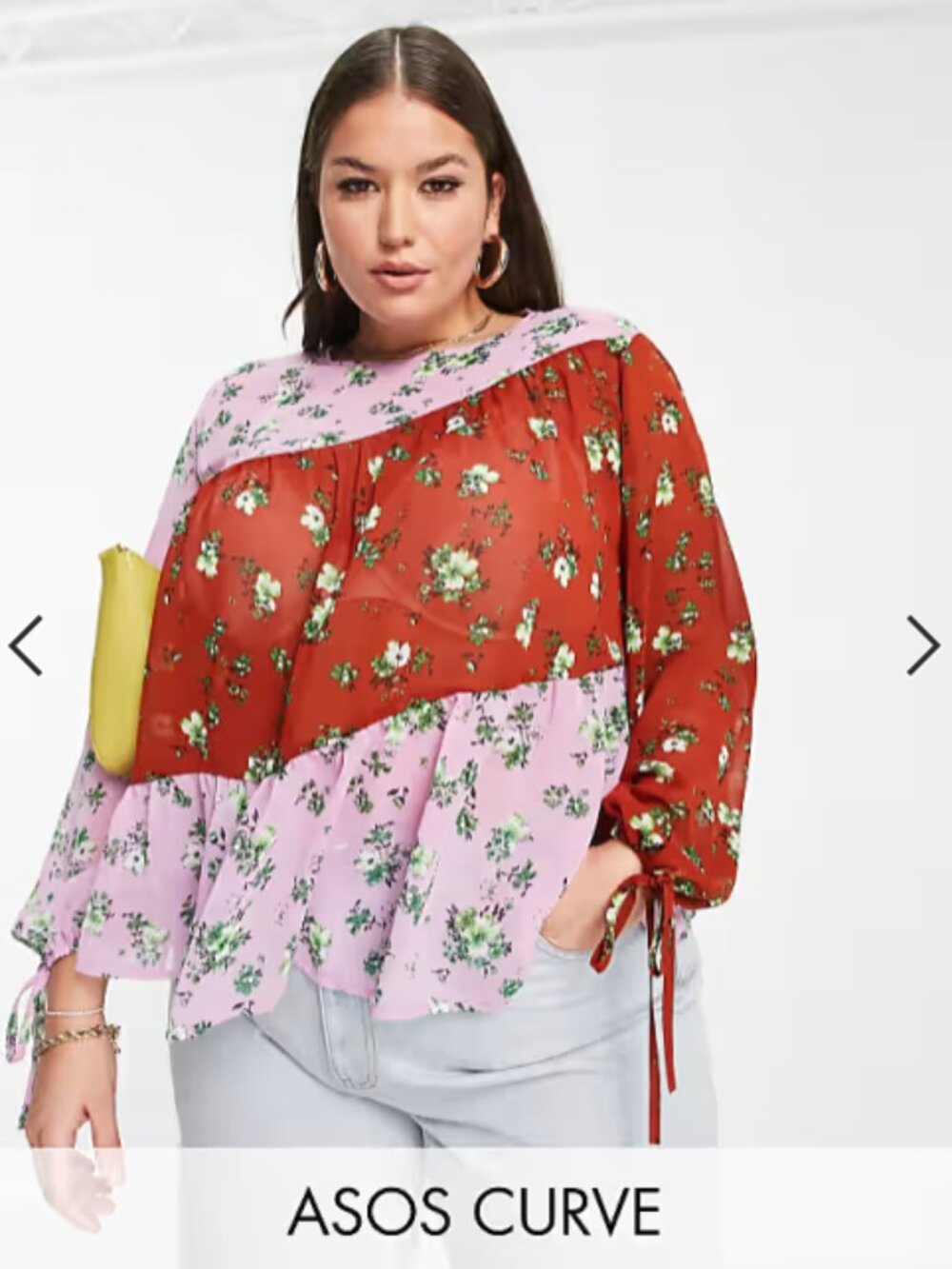 ASOS DESIGN Curve mixed print smock with long sleeve and tie